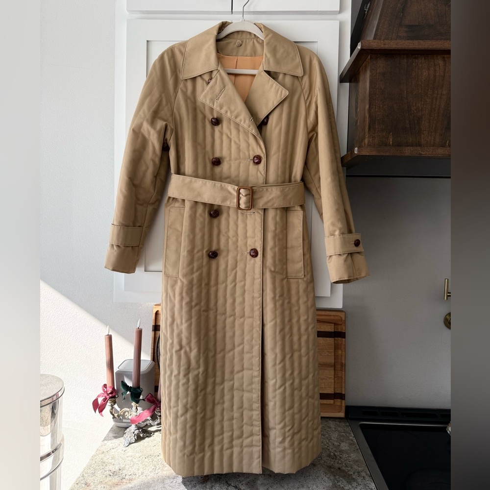 Vintage Quilted Trench Coat • Belted Tan Longline Coat • Made in USA